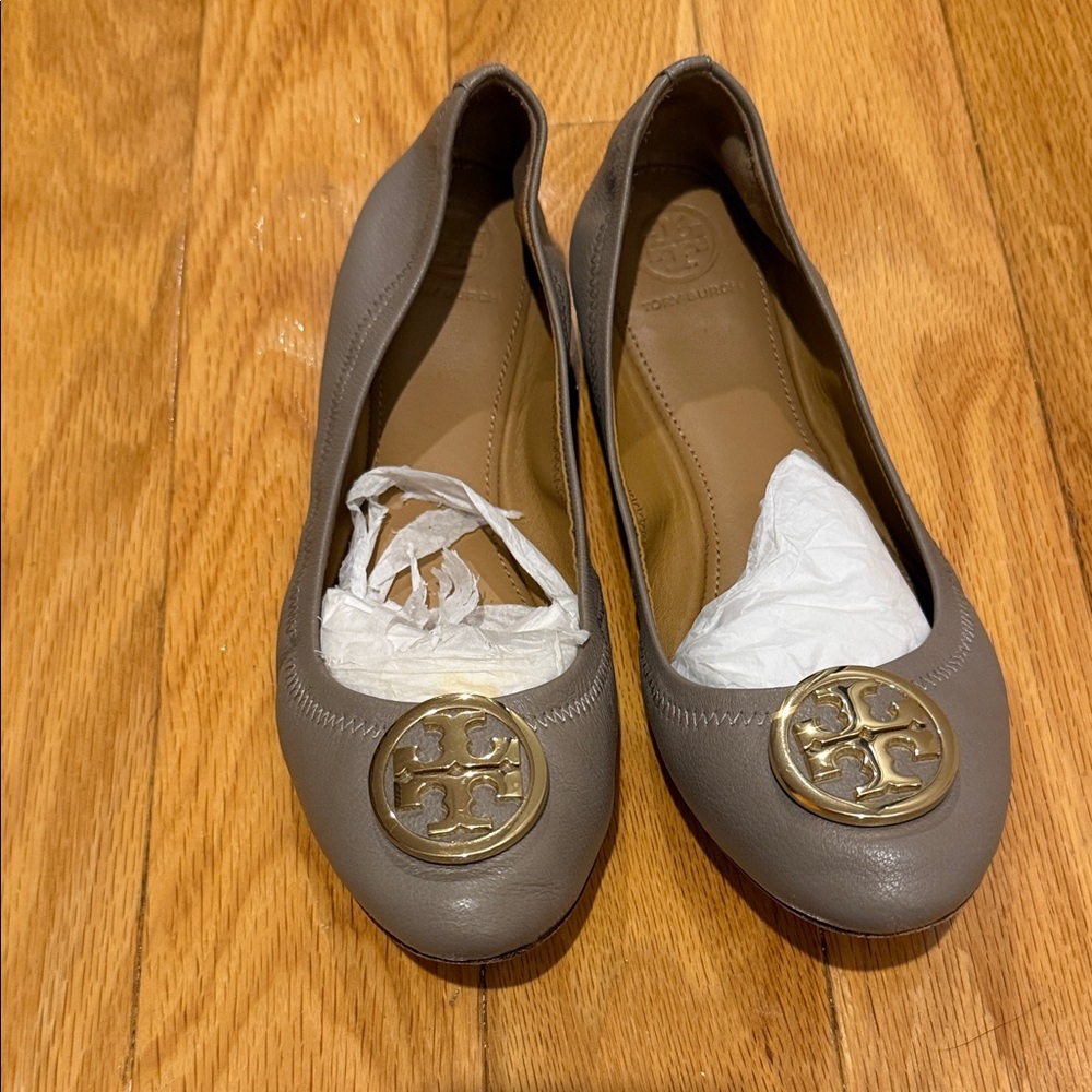 Tory Burch Taupe Leather Flats with Gold Emblem